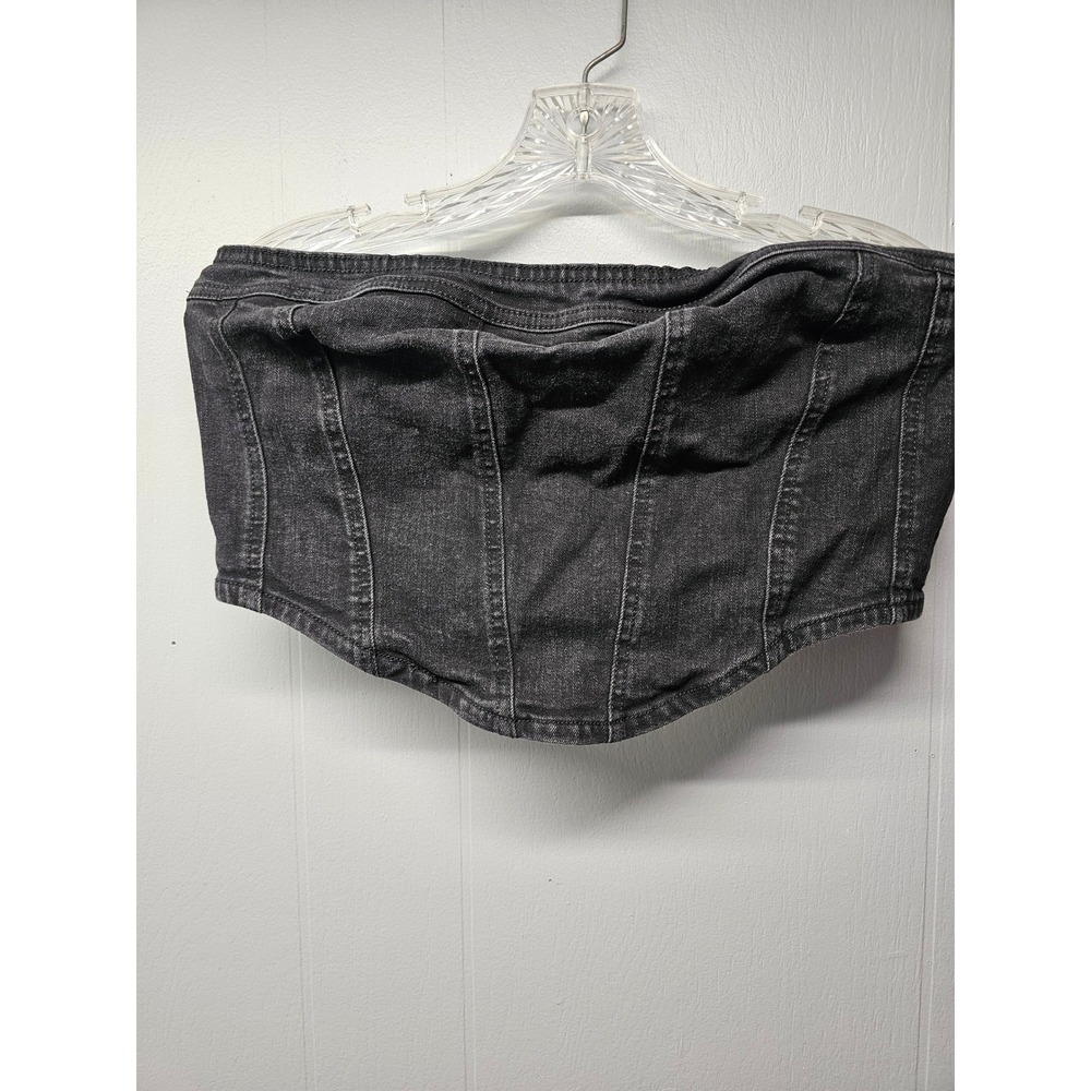 Love Tree Denim Black Corset Tube Top Strapless Zip Back Faded Wash Large